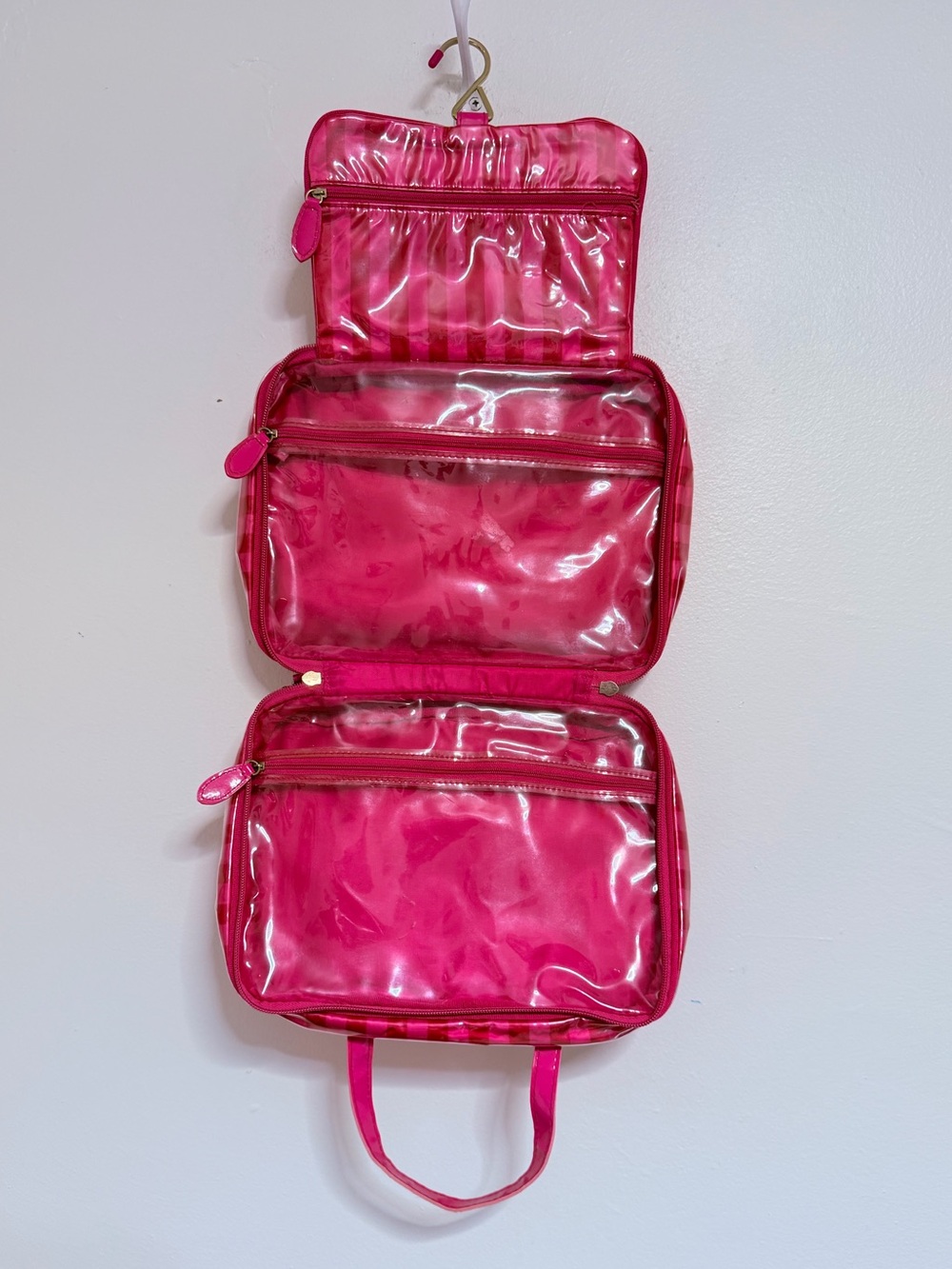 Vintage Y2K Victoria’s Secret Pink Stripe Travel Cosmetics Bag With Hanger - Picture 9 of 12